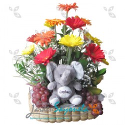 Canasta de Gerberas, frutas y peluche